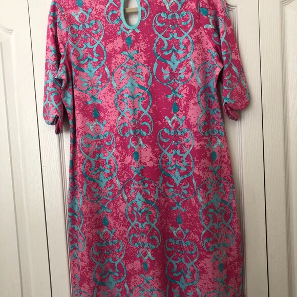 Ana Clare Scalloped Sleeve & Hem Womans Dress Pink Turquoise Size Large NWT - Picture 2 of 3